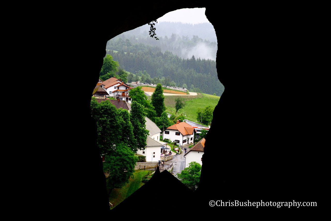 Predjama castle view through a hole in the wall